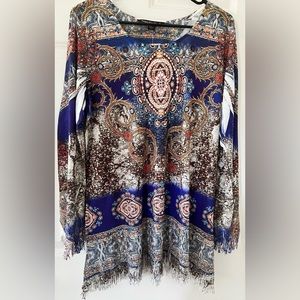 Mushka by Sienna Rose Fringe Tunic Top Cover Up Women’s L Blue Multi Color NWT